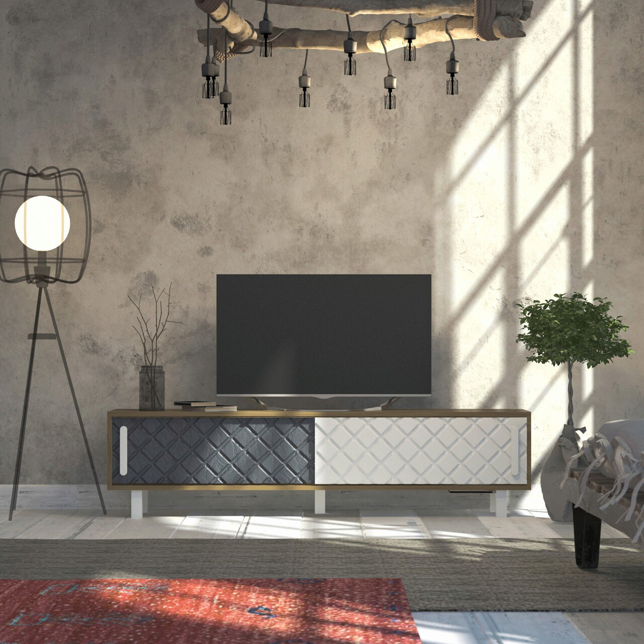 Comoda TV, Hanah Home, Rob, Stejar / Alb / Antracit - imagine 6